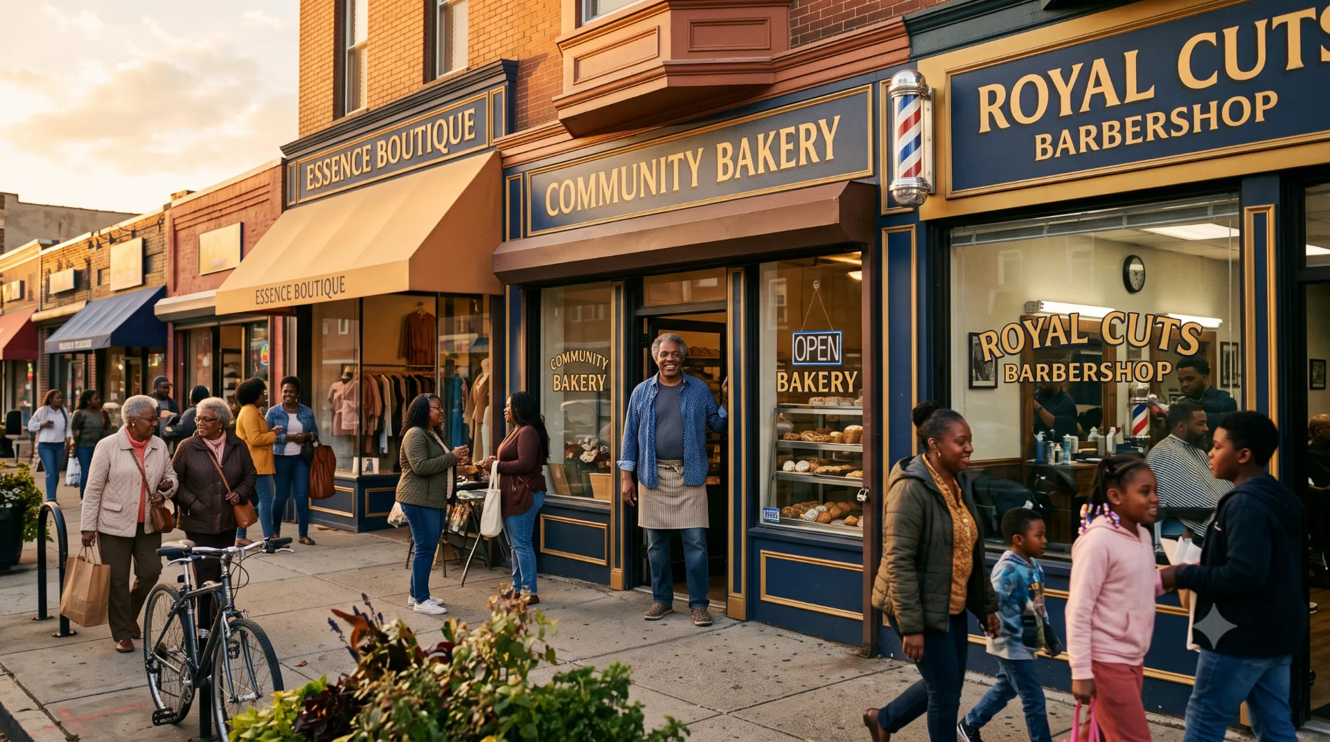 A lively row of Black-owned businesses on a city street at golden hour: a boutique, a community bakery, and a barbershop, with shoppers on the sidewalk